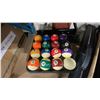 Image 2 : 2 SETS OF BILLIARDS BALLS, ASSORTED CUES, SCOREBOARD, CUE CASE, TRIANGLE & WALL MOUNT CUE HOLDER