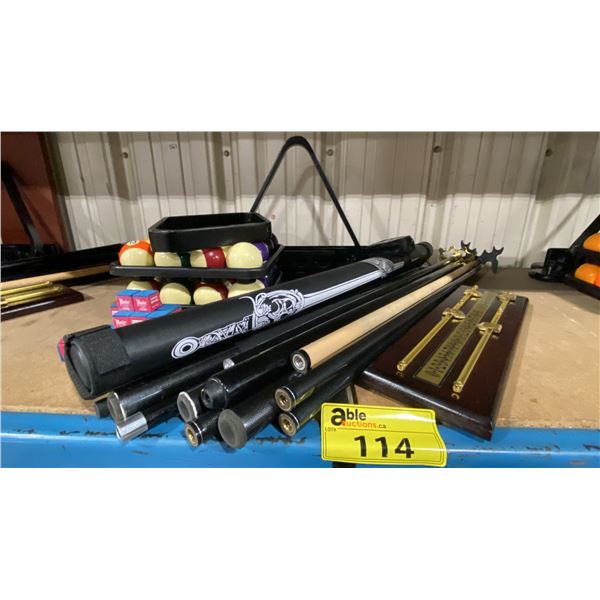 2 SETS OF BILLIARDS BALLS, ASSORTED CUES, SCOREBOARD, CUE CASE, TRIANGLE & WALL MOUNT CUE HOLDER