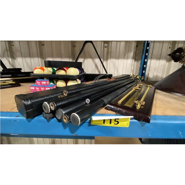 2 SETS OF BILLIARDS BALLS, ASSORTED CUES, SCOREBOARD, CUE CASE, TRIANGLE & WALL MOUNT CUE HOLDER