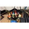 Image 8 : 2 SETS OF BILLIARDS BALLS, ASSORTED CUES, SCOREBOARD, CUE CASE, TRIANGLE & WALL MOUNT CUE HOLDER
