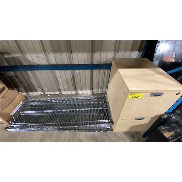 MAPLE 2 DRAWER PEDESTAL & STACK OF METRO RACKING SHELVES