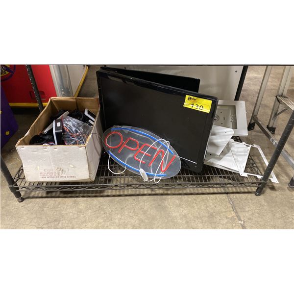 BOX OF SECURITY CAMERAS, HAIER TELEVISION, ACER COMPUTER MONITOR, OPEN SIGN & 2 METAL TABLET CASES