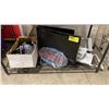 Image 1 : BOX OF SECURITY CAMERAS, HAIER TELEVISION, ACER COMPUTER MONITOR, OPEN SIGN & 2 METAL TABLET CASES