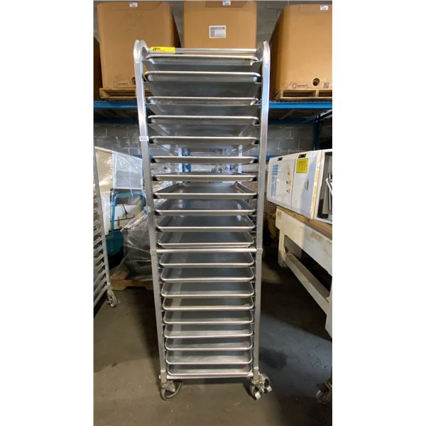 20 TRAY ALUMINUM MOBILE COMMERCIAL BAKERS RACK WITH 20 COMMERCIAL BAKING SHEETS