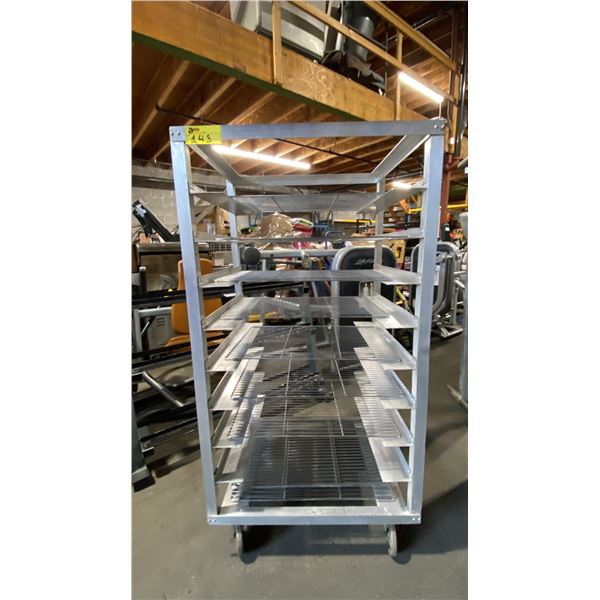 METRO 9 BAY DOUBLE TRAY ALUMINUM MOBILE COMMERCIAL BAKERS RACK WITH 12 COMMERCIAL COOLING RACKS