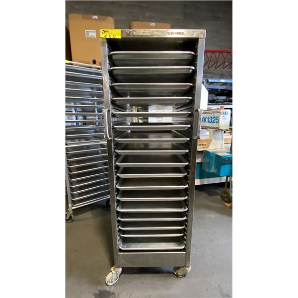 17 TRAY STAINLESS STEEL MOBILE COMMERCIAL BAKERS RACK WITH 17 COMMERCIAL BAKING SHEETS