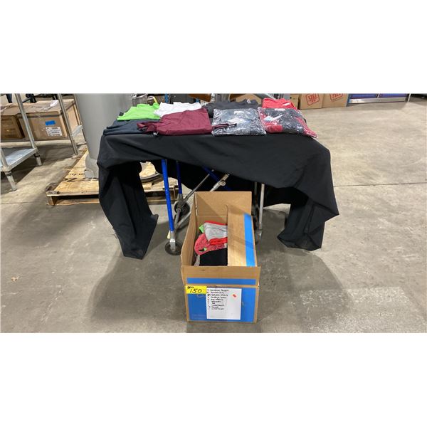 BOX OF ASSORTED BANDANAS, SERVER APRONS, STRINGERS, TANK TOPS, SHOPPING BAGS, BOWLING SHIRTS, BIB