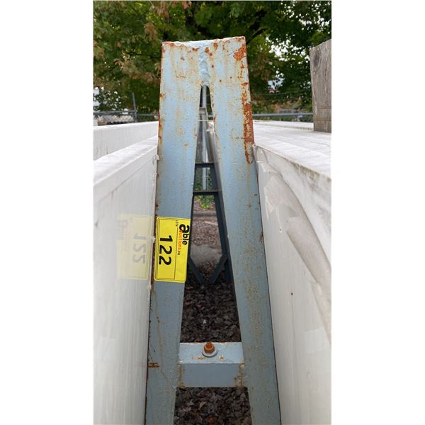 METAL A-FRAME STORAGE RACK APPROX 8' 2"W X 5' 11"H X 5' BASE BARS
