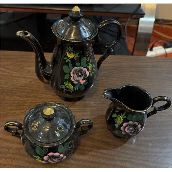 Japanese Black Porcelain 3 Piece Tea Set with Handpainted Floral Design