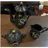Image 1 : Japanese Black Porcelain 3 Piece Tea Set with Handpainted Floral Design