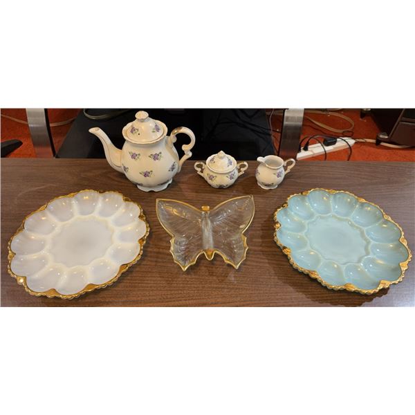 Milk Glass Dishes and RSW Japan Tea Set, 7 Pieces