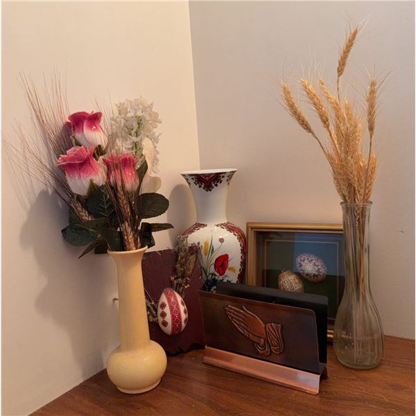 Decor Lot with Coppercraft Guild Mail Holder, Vases, and Framed Decorative Eggs
