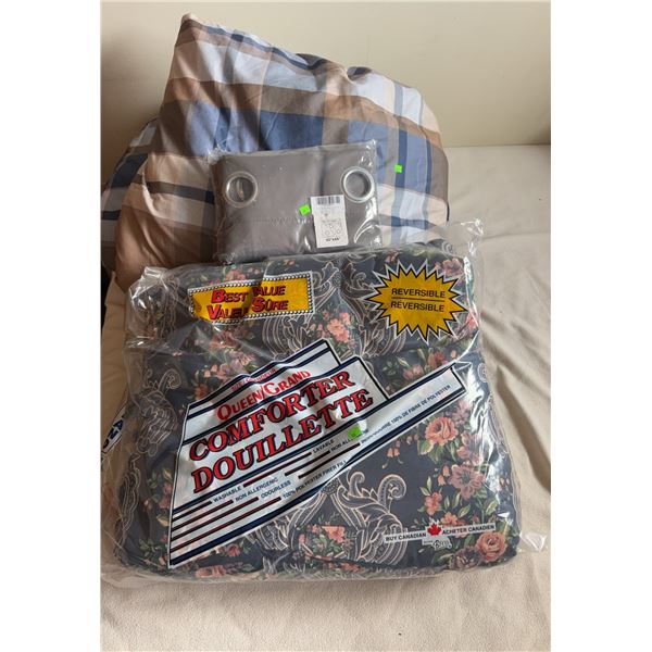 Queen Size Reversible Comforter and Nicetown 42x45" Grey Pair of Curtain Panels