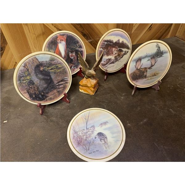 5 Wildlife Marble Art Plaques & Wood Eagle Sculpture