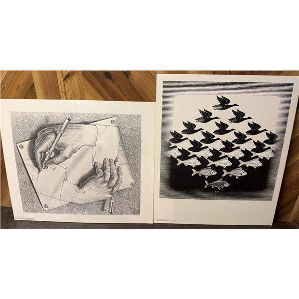 M.C. Escher Prints on Foamboard, Drawing Hands and Sky and Water, 25x22 in
