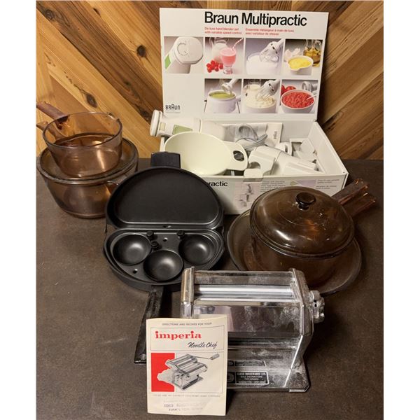 Braun Multipractic Hand Blender, Imperia Pasta Maker, Visions Glass Cookware