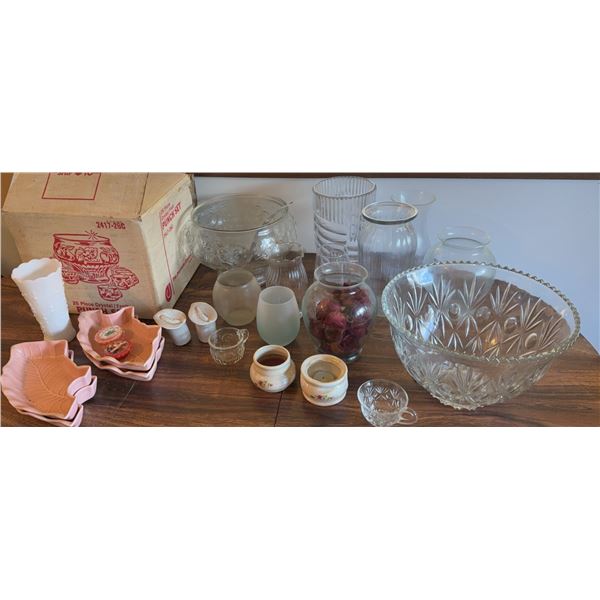 Punchbowl Set, Glass Flower Vases and Other Decor