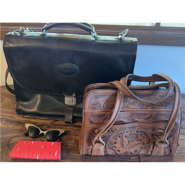 Bugatti Black Leather Briefcase, Tooled Leather Bag, Sunglasses w/ Case