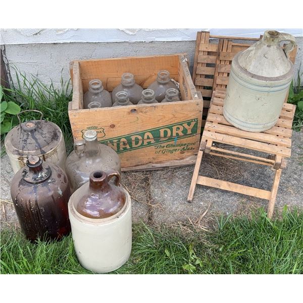 Stoneware Jugs and Glass Bottles with Canada Dry Wooden Crate, Folding Slat Stools