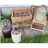 Image 1 : Stoneware Jugs and Glass Bottles with Canada Dry Wooden Crate, Folding Slat Stools