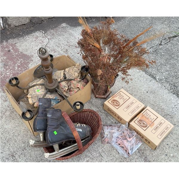 Vintage Bauer Skates,Coppercraft Towel Rings and Vase, Chandelier