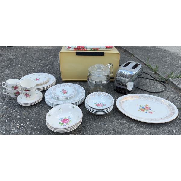 Dresden Floral Dish Set, Vintage GE Toaster, Pyrex Glass Percolator, Breadbox