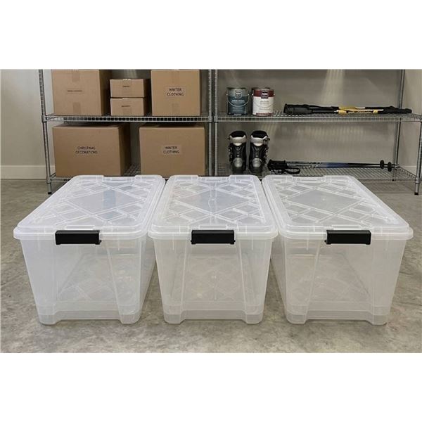 Lot of 3 - Clear Plastic Storage Bins with Lids