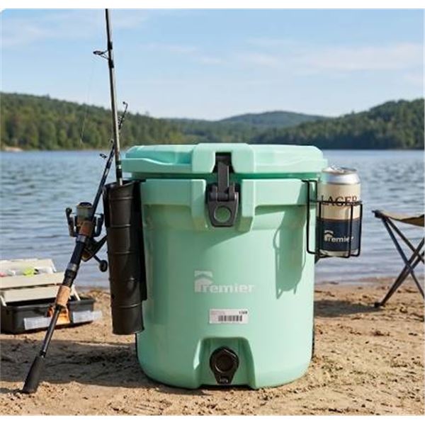 PREMIER INSULATED ROUND COOLER featuring built in drain, fishing rod holder, cup holder, easy-carry 