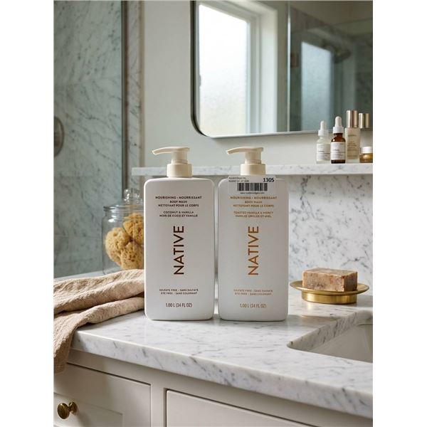 Native Body Wash, 2 scents, Coconut & Vanilla, and Toasted Vanilla & Honey, 1L Each