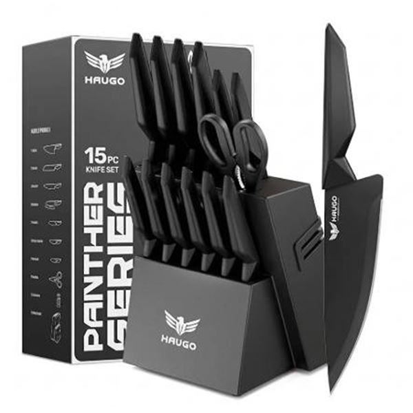 Haugo Panther 15 PCS Kitchen Knife Set with Built in Sharpener - Dishwasher Safe High Carbon Stainle
