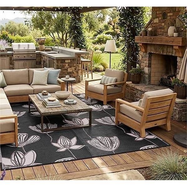 Black and Beige Flower Area Rug 10X8'