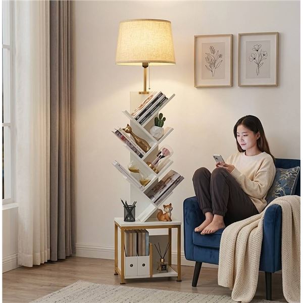ZEXVIDA Bookcase with Lamp, Gold/White