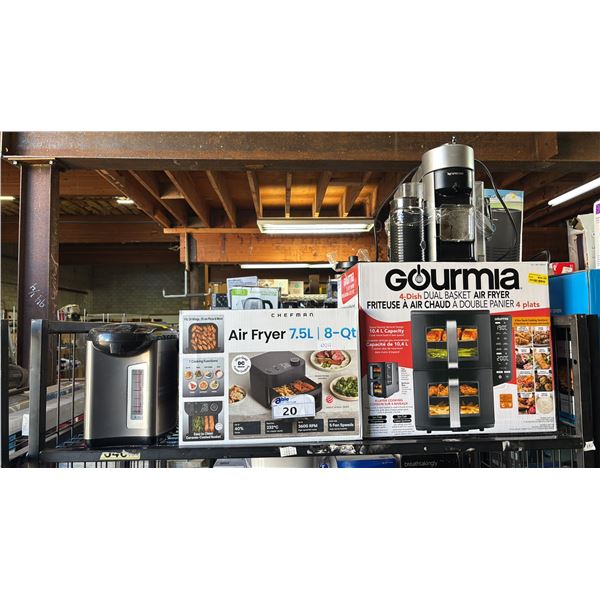 SHELF OF KITCHEN ITEMS INCLUDING: CHEFMAN AIR FRYER, GOURMIA 4-DISH DUAL BASKET AIR FRYER, NESPRESSO