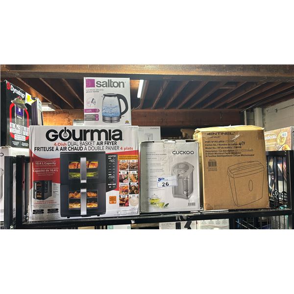 SALTON ELECTRIC KETTLE, GOURMIA DUAL BASKET AIR FRYER, CUCKOO WATER BOILER & WARMER & SENTINEL PAPER