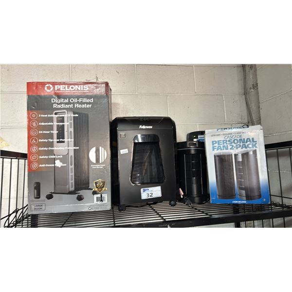 PELONIS OIL-FILLED HEATER, FELLOWES PAPER SHREDDER, CASCADE PERSONAL FAN  2 PACK & MORE