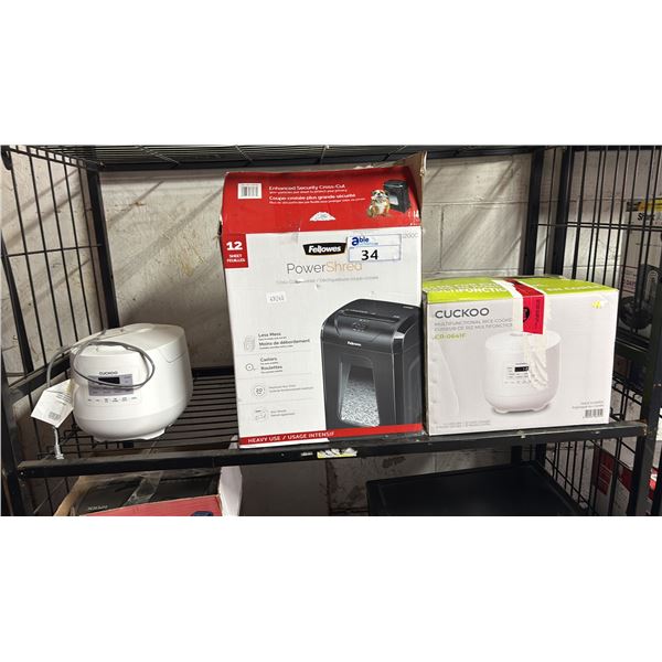 FELLOWES PAPER SHREDDER & (2) CUCKOO RICE COOKERS: *WORKING CONDITION UNKNOWN/MAY BE MISSING PARTS