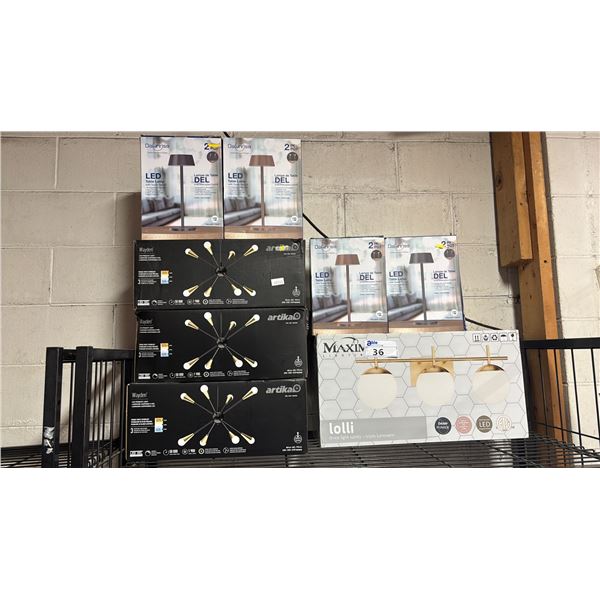 SHELF OF ARTIKA WAYDEN LIGHTS, MAXIM LOLLI LIGHT & DANWSEA LED TABLE LAMPS: *WORKING CONDITION