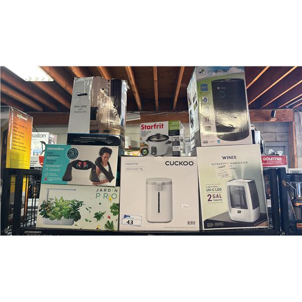 SHELF OF ASSTD. HOME ITEMS INCLUDING: CUCKOO HOT WATER DISPENSER, WINIX HUMIDIFIER STARFRIT 5-CUP