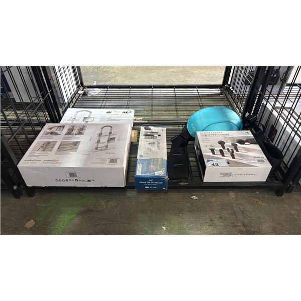 SAJE SHOWER CADDY, FIXED TILT TV WALL MOUNT, SHARPER IMAGE PERCUSSION MASSAGER & MORE