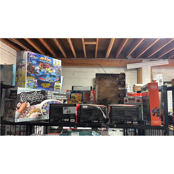 SHELF OF ASSTD. TOYS: EASY-BAKE OVEN, (3) R/C VIDEO DRONES, WALL CRAWLER CHAMELEON & MORE