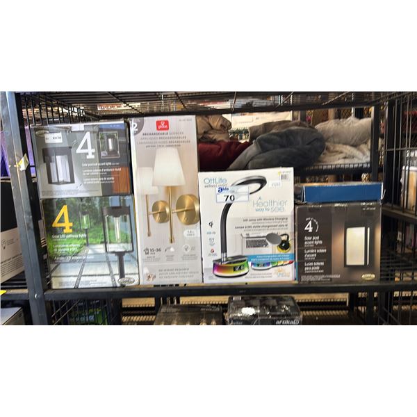 SHELF OF SOLAR POST/WALL ACCENT LIGHTS, RECHARGEABLE WALL SCONCES, OTTLITE LED LAMP & MORE