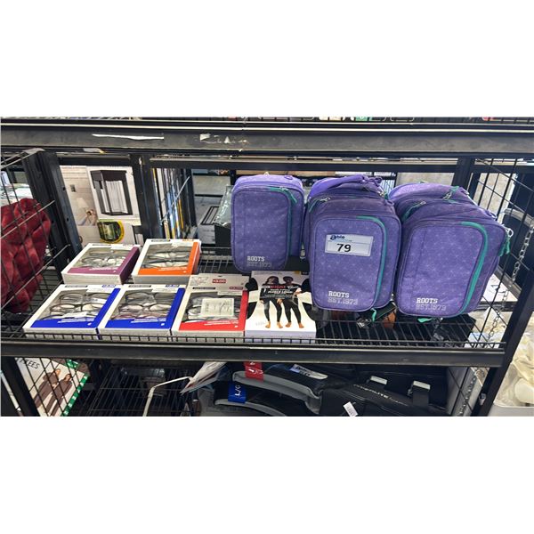 SHELF OF ASSORTED FOSTER GRANT READING GLASSES, ROOTS LUNCH BAGS & A YOUTH 2-PIECE FLEECE LINED