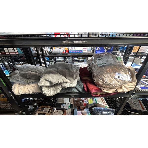 SHELF OF ASSORTED SHEETS & THROW BLANKETS