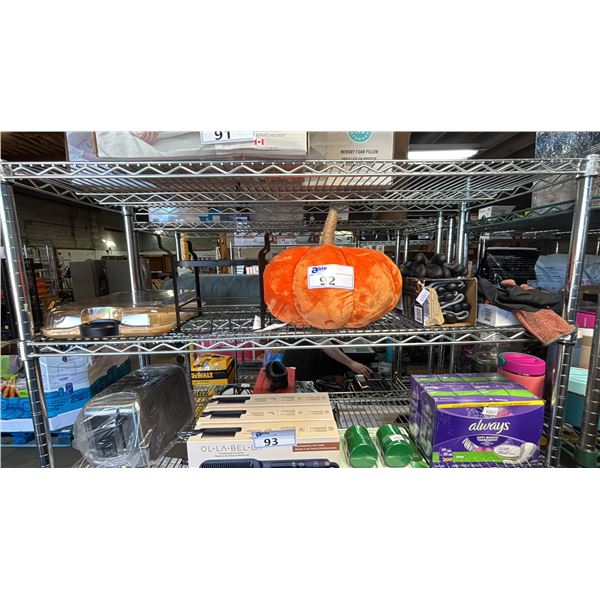 SHELF OF WORKTUFF GLOVES, PLUSH PUMPKIN, LIDDED WOOD SERVING TRAY & MORE