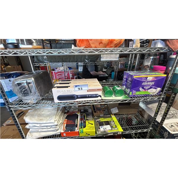 SHELF OF OL-LA-BEL-LA HOT COMBS, TOASTER, ALWAYS LINERS & DR. ALTHEA CLEANSING BALM