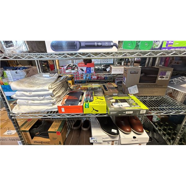 SHELF OF ASSTD. CLOTHING INCLUDING: WHITE DENIM JEANS, MEN'S T-SHIRTS, MEN'S UNDERWEAR & MORE