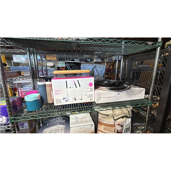 SHELF OF TRAVEL MUGS, THERMAL FOOD JARS, LA BODEGA SET, SPECTRA COOKWARE SET & MORE