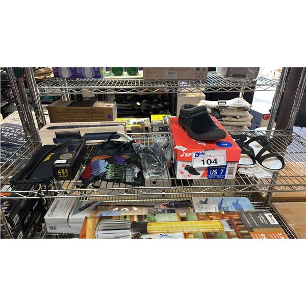 SHELF OF SLIPPERS, FLIP FLOPS, TIRE INFLATOR, PROFESSIONAL HOT COMB & ELECTRIC TRIMMERS/SHAVERS
