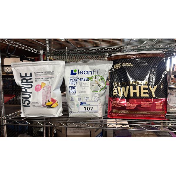 SHELF OF ASSORTED PROTEIN POWDERS