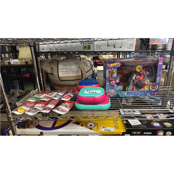 SHELF OF TONIES TOYS, BENTO BOXES & HOTWHEELS RC MARIO GALAXY VEHICLE